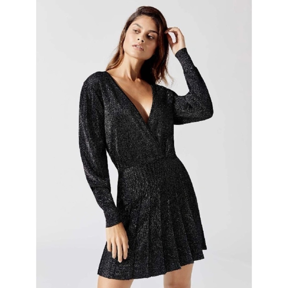 NWT CUSHNIE Blouson Sleeve Knit Pleated Mini Dress Metallic Black Small